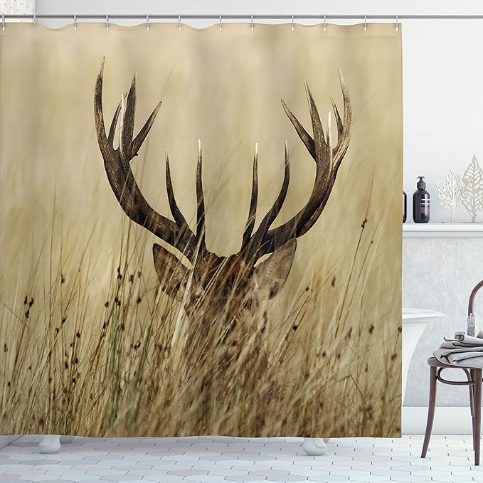 Ambesonne Antler Shower Curtain, Whitetail Deer Fawn in Wilderness Stag in Countryside Rural Hunting Theme, Cloth Fabric Bathroom Decor Set with Hooks, 69" W x 70" L, Brown Sand Brown