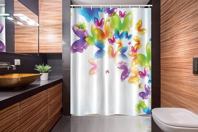 Ambesonne Butterfly Stall Shower Curtain, Group of Butterflies Band in Radiant Rainbow Colors Hope Summer Garden Art Print, Fabric Bathroom Decor Set with Hooks, 54" W x 78" L, Green Yellow