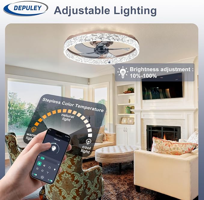 Depuley Bedroom Ceiling Fans with Lights: 20" Modern Low Profile Flush Mount Bladeless Ceiling Fan with App Remote Control - Brown Fandelier for Living Room Kitchen Dimmable Quiet DC Motor