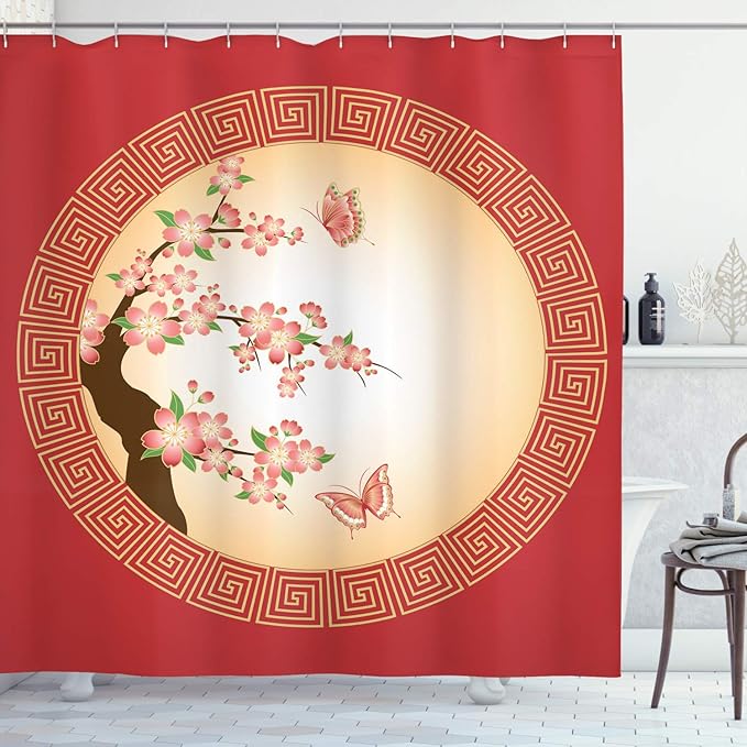 Ambesonne Nature Shower Curtain, Oriental Cherry Blossom Butterflies in Circle Frame Ornamental Arrangement Japan, Cloth Fabric Bathroom Decor Set with Hooks, 69" W x 70" L, Coral Peach