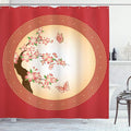 Ambesonne Nature Shower Curtain, Oriental Cherry Blossom Butterflies in Circle Frame Ornamental Arrangement Japan, Cloth Fabric Bathroom Decor Set with Hooks, 69" W x 70" L, Coral Peach