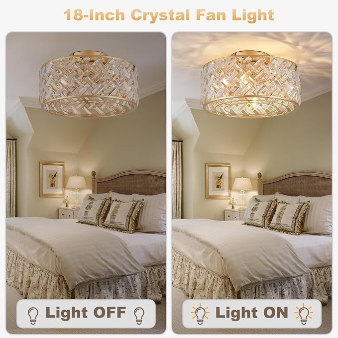 18 Inch Caged Ceiling Fans with Lights, Low Profile Crystal Fandelier Ceiling Fan with Lights and Remote & App Control for Low Ceilings Flush Mount Installation Indoor, Bulb Included Gold