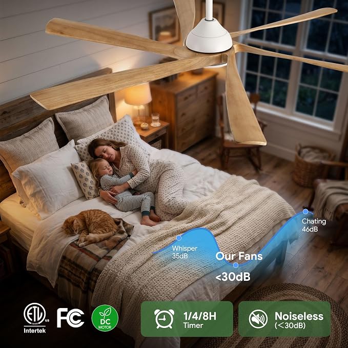 60 Inch Smart Wood Ceiling Fan with Light and Remote, Compatible with Alexa/App, 6 Solid Walnut Blades, ETL Listed Quiet DC Motor, Damp Rated Farmhouse Ceiling Fan for Covered Patio, Living Room