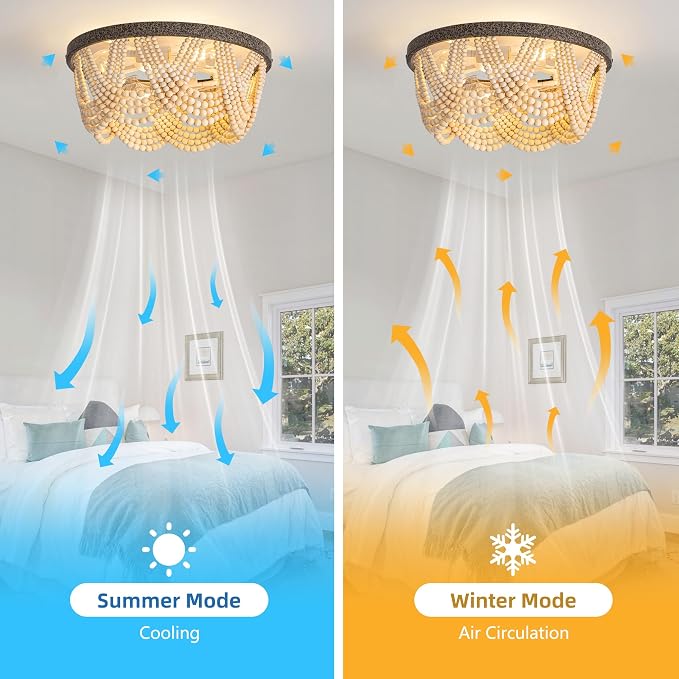 20" Boho Ceiling Fan with Light, Bohemian Caged Ceiling Fan with Lights and Remote Control, Wood Beaded Flush Mount with Reversible 6 Speeds for Bedroom, Nursery, Living Room, E26 Base, Indoor-Brown