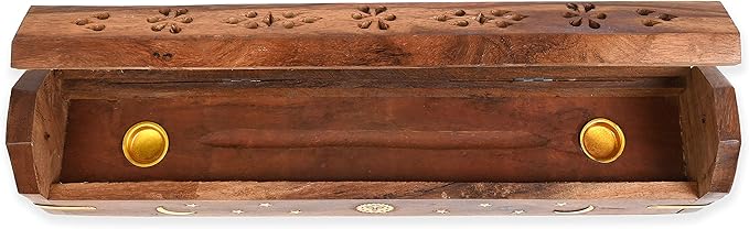 Incense Garden Pack of 2 Incense Stick Holder - Coffin Style - Wood Incense Stick Burner with Sun Moon Star Inlays Handmade with Brass Inlays (Natural)