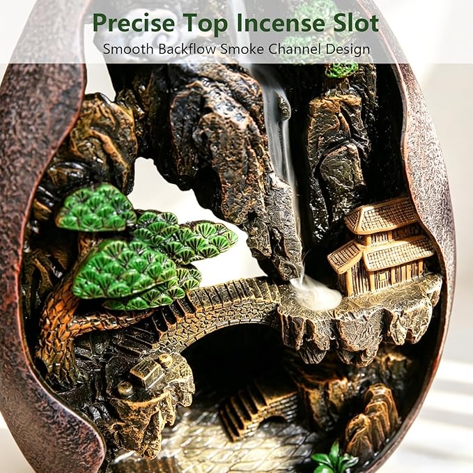 Landscape Backflow Incense Burner Cone Incense Burner Smoke Waterfall Resin Handmade Home Decor Gift Set with 120 Upgraded Cones,30 Incense Sticks,1Tweezer,1Mat