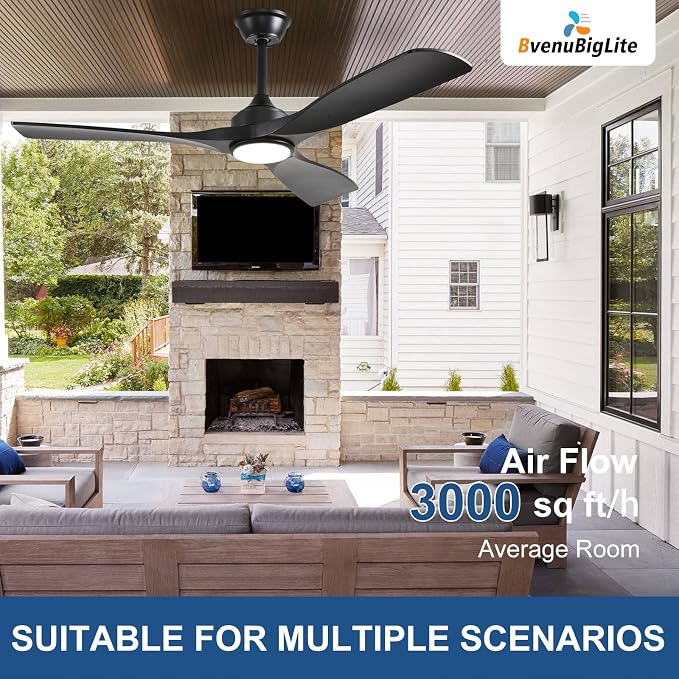 Outdoor Ceiling Fan with Light: 52 Inch 3 Blade Outdoor Fans for Patios - Modern Black Ceiling Fan with Dimmable Light Remote Control Ultra Quiet Reversible DC Motor Timer