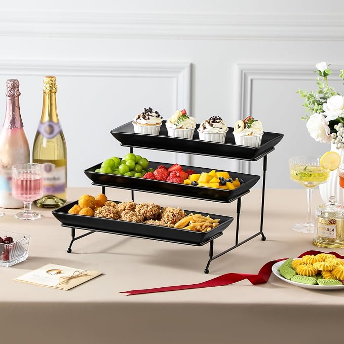 MALACASA 3 Tier Serving Trays for Party, Stoneware Serving Platters and Trays, 14 Inch Tiered Tray Stand, Fruit Tray, Trays for Serving Food, Black Dessert Stand with Collapsible Sturdier Metal Rack | Tiered Cupcake Stand for Party, Fruit Tray, Trays f...