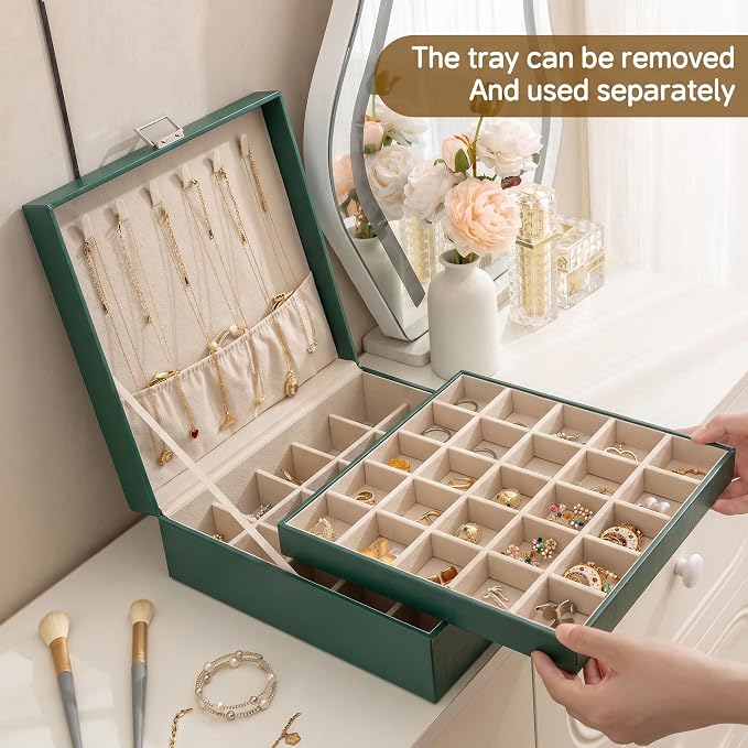 Frebeauty 50 Grid Earring Holder Organizer,2 Layer Jewelry Box for Women | Faux Leather,Velvet Lining,Adjustable Divider,Jewelry Organizer for Ring Necklace and Bracelet,for Home Use and Jewelry Store