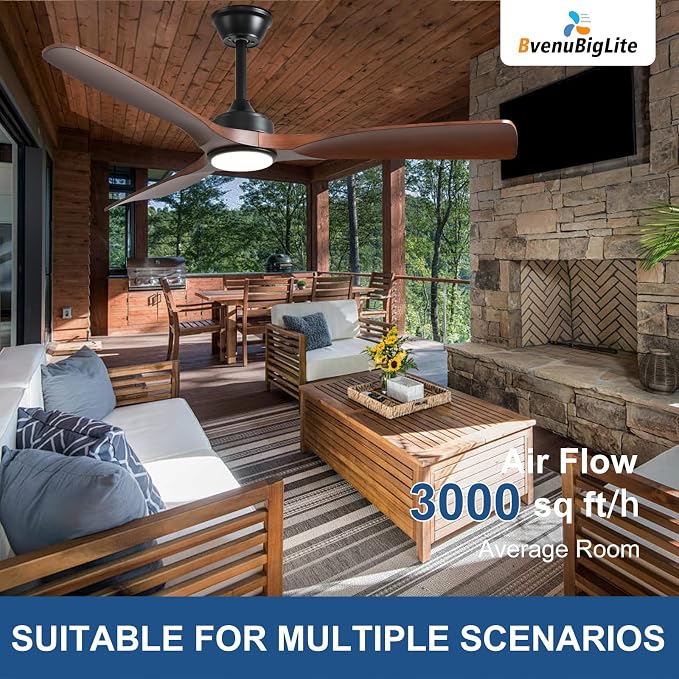 Outdoor Ceiling Fan with Light: 52 Inch 3 Blade Outdoor Fans for Patios - Modern Walnut Ceiling Fan with Dimmable Light Remote Control Ultra Quiet Reversible DC Motor Timer