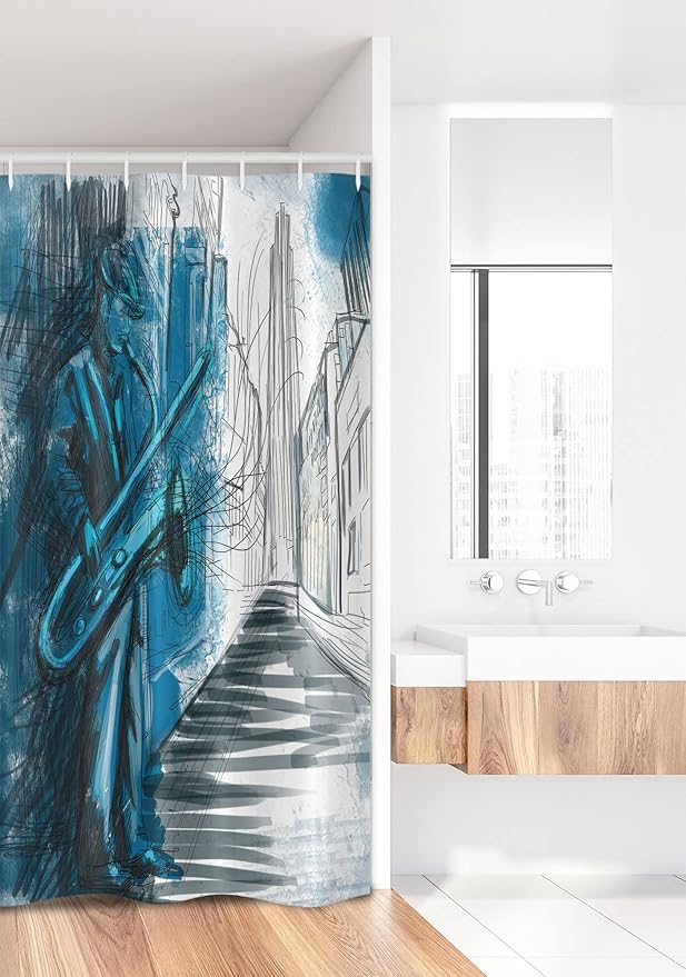 Ambesonne Music Stall Shower Curtain, Saxophone Man Playing Solo in The Street at Night Vibes Contemporary Graphic Design of Artwork, Fabric Bathroom Decor Set with Hooks, 36" W x 72" L, Blue White