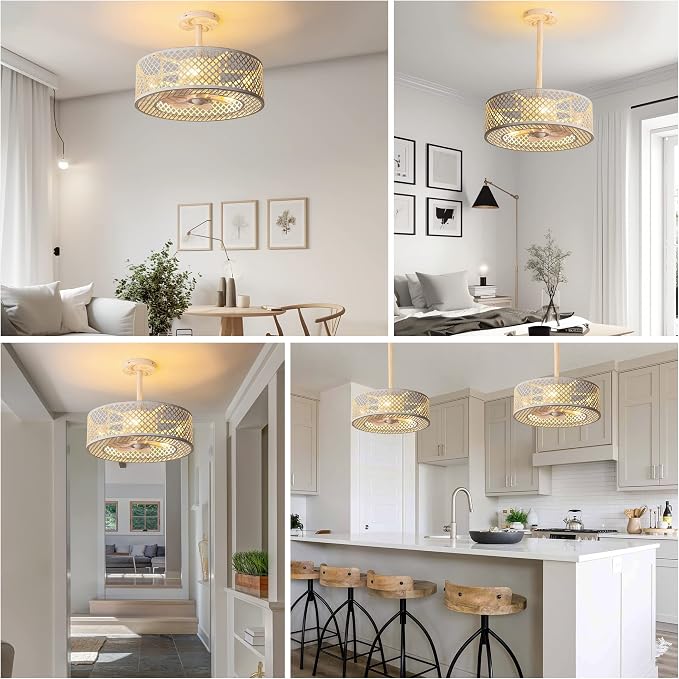 REDSTAR Caged Ceiling Fans with Lights, White Industrial Ceiling Fan with Light and Remote, Farmhouse Ceiling Fan Light for Living Room, Bedroom, Kitchen (Modern Minimalist W)