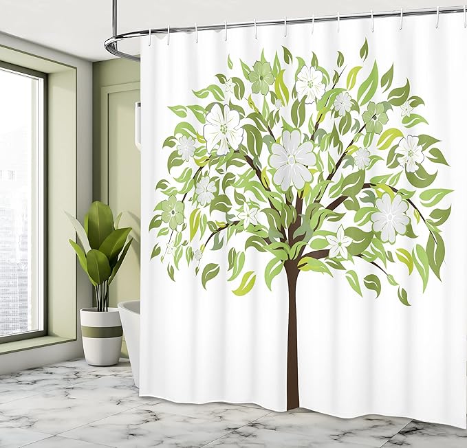 Ambesonne Nature Shower Curtain, Summer Tree with Flourishing Flowers Spring Blossoms Seasonal Print, Cloth Fabric Bathroom Decor Set with Hooks, 69" W x 70" L, Green Brown White