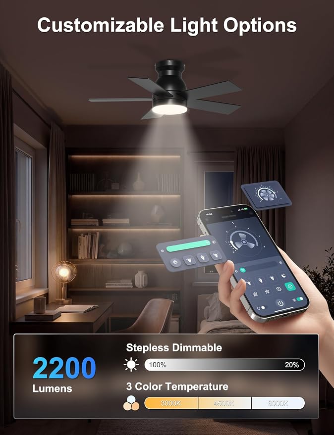 32'' Black Flush Mount Ceiling Fan with Light for Hallway, Closet | Quiet DC Motor, Low Profile, 3CCT Dimmable, Modern Small Room Ceiling Fan with App/Remote Control
