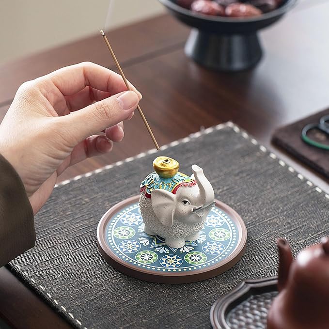 Resin Elephant Incense Stick Holder with Ash Catcher, Small Cute Elephant Incense Burner Holder, Incense Holder for Sticks for Yoga,Meditation,Home Living Room Office Decor, 1 Piece