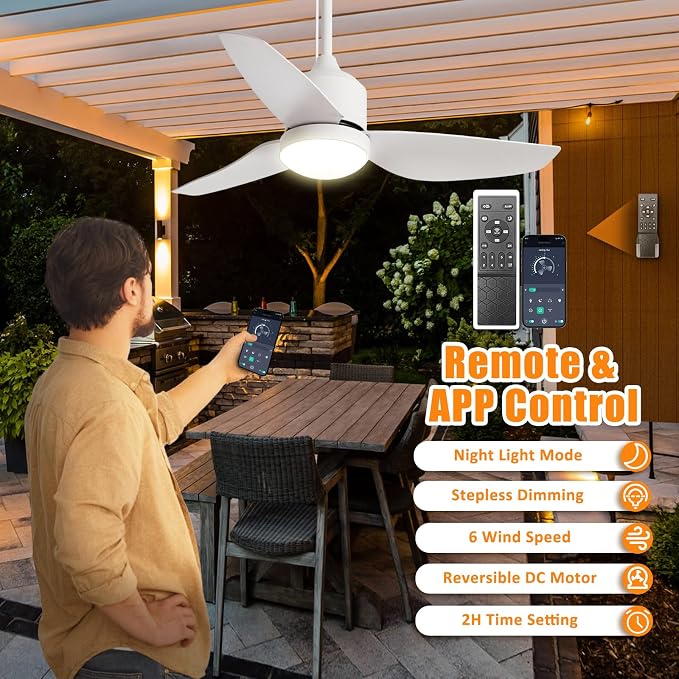 Depuley Outdoor Ceiling Fan with Light: 42 Inch White Waterproof Gazebo Fans with Lights Outdoor Hanging - Plug in Remote App Control for Patio Indoor Farmhouse Porch - 6 Speed Reversible DC Motor