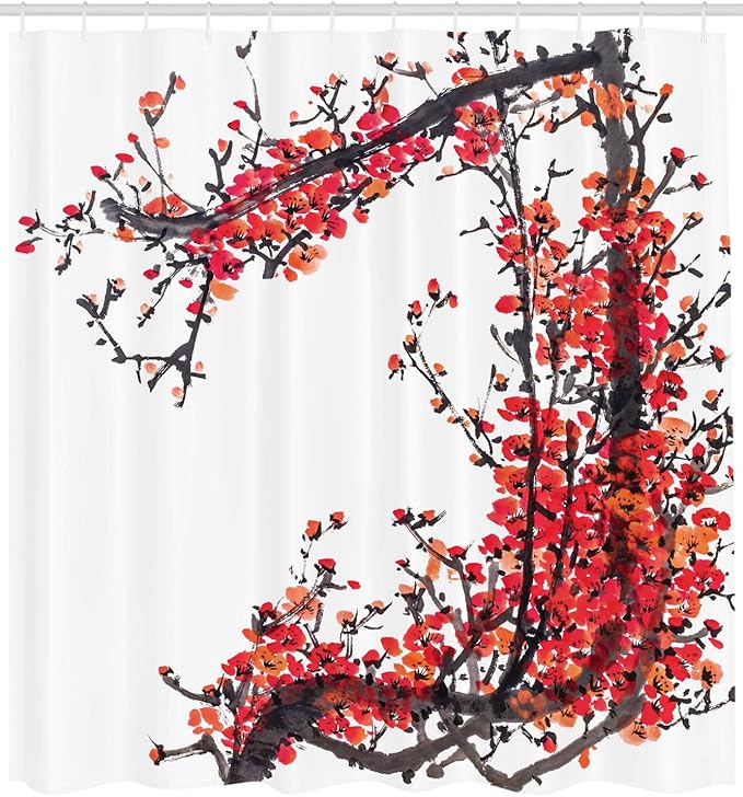 Ambesonne Japanese Shower Curtain, Cherry Blossom Sakura Branch Brushstrokes Image Print, Cloth Fabric Bathroom Decor Set with Hooks, 69" W x 84" L, Red and Brown