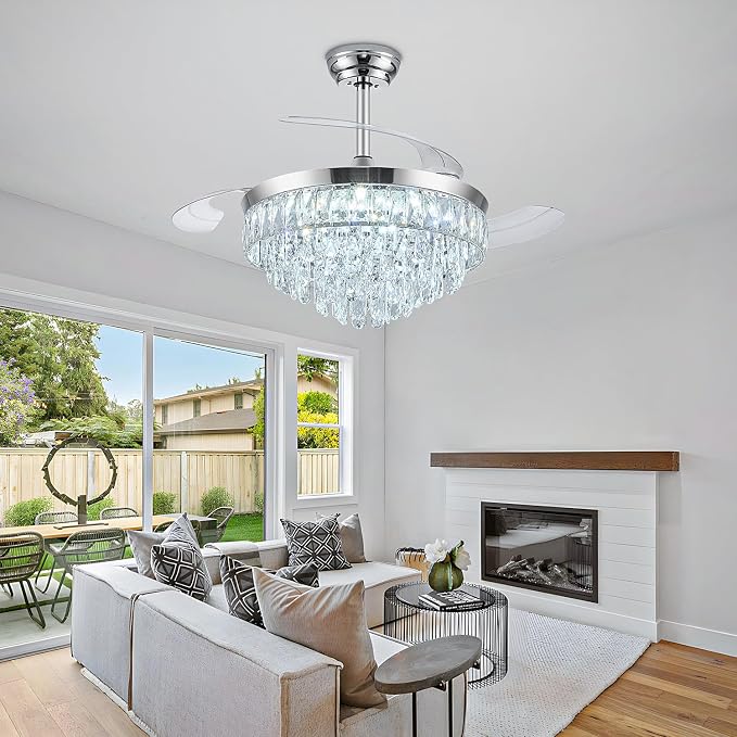 42'' Chandelier Ceiling Fan with Lights, Retractable Fan with Remote and APP, Crystal Fandelier Ceiling Fan, Dimmable LED, Reversible Motor, Quiet for Bedroom Living Room-Chrome