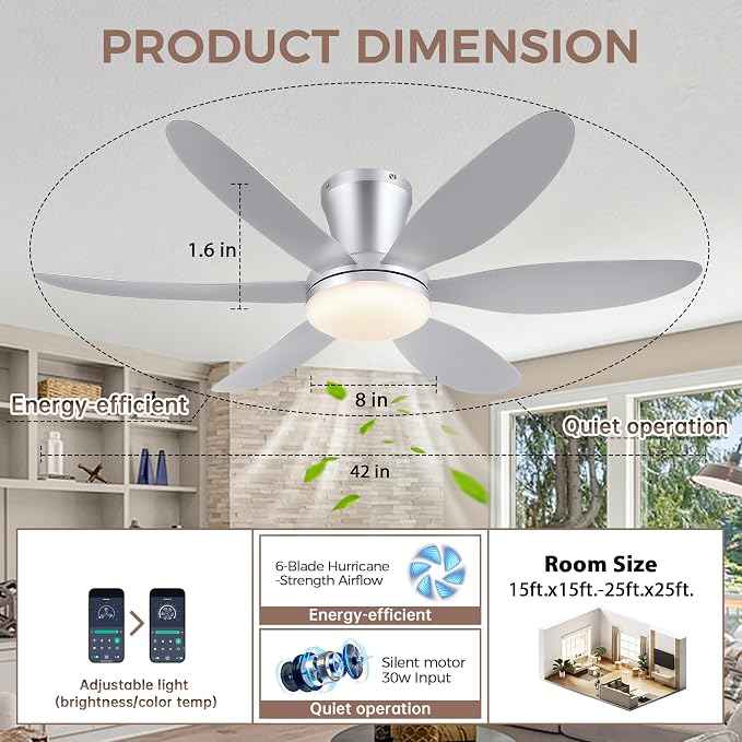 GJeg Ceiling Fans with Lights,42" Low Profile Ceiling Fan with Light and Remote Control,Flush Mount, Reversible, Dimmable, Noiseless, Silver Ceiling Fan for Bedroom