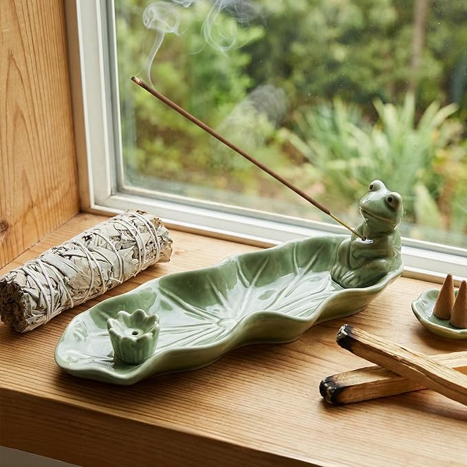 Frog Incense Holder for Sticks, Handmade Ceramic Holder for Burning Sage Sticks, Palo Santo, Cone and Backflow, Incense Burner for Meditation Room Home Decor, Frog Spiritual Gifts for Women