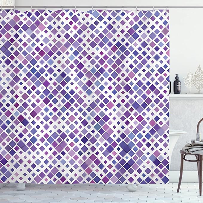 Ambesonne Lavender Shower Curtain, Retro Mosaic Creative Pattern Square Rhythm Abstract Art Print Design, Cloth Fabric Bathroom Decor Set with Hooks, 69" W x 84" L, Violet Purple