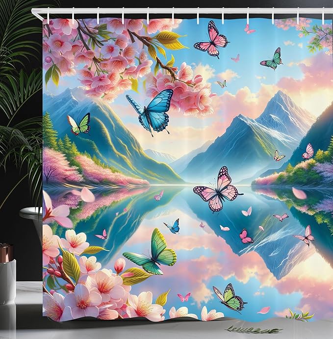 Ambesonne Lake Shower Curtain, Flying Spring Butterflies and Blooming Cherry Blossoms Mountain Reflections, Cloth Fabric Bathroom Decor Set with Hooks, 69" W x 75" L, Pink Sky Blue Green