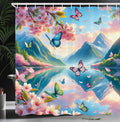 Ambesonne Lake Shower Curtain, Flying Spring Butterflies and Blooming Cherry Blossoms Mountain Reflections, Cloth Fabric Bathroom Decor Set with Hooks, 69" W x 75" L, Pink Sky Blue Green