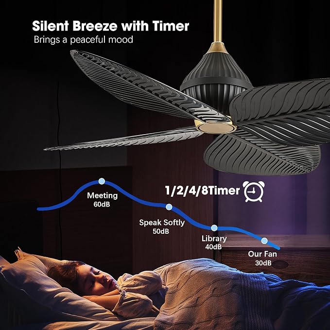52 inch Ceiling Fan Without Lights, Remote & APP Control, 6 Speed DC Motor, 4 Palm Leaf Blades, Tropical Ceiling Fans for Bedroom, Living Room (Black Gold)