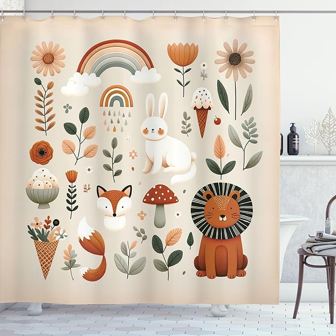 Ambesonne Jungle Shower Curtain, Happy Cartoon Lion Rabbit Fox Characters with Mushroom Rainbow Flowery, Cloth Fabric Bathroom Decor Set with Hooks, 69" W x 75" L, Cinnamon and Eggshell