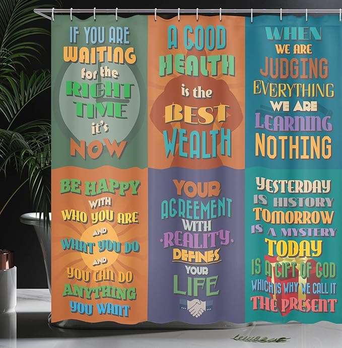 Ambesonne Saying Shower Curtain, Group of Unusual and Inspirational Words Artwork Right Attitude, Cloth Fabric Bathroom Decor Set with Hooks, 69" W x 70" L, Mustard and Teal