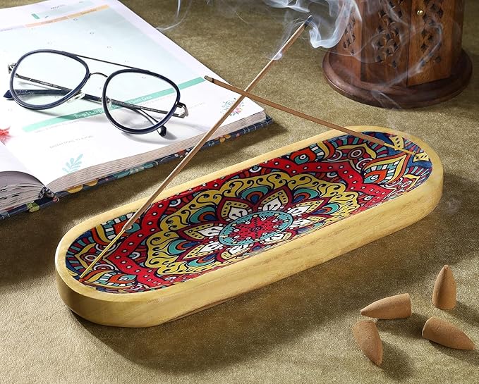Yajna Traditional-Handmade Incense-Stick-and-Cones-Holder Incense-Burner-ash-Catcher-Stand Wooden-Tray-Holder (Mandala)