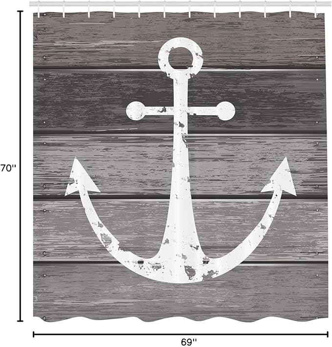Ambesonne Anchor Shower Curtain, Grunge Style Pattern of Marine Ornament on Weathered Rustic Wooden Planks, Cloth Fabric Bathroom Decor Set with Hooks, 69" W x 70" L, Taupe Dust