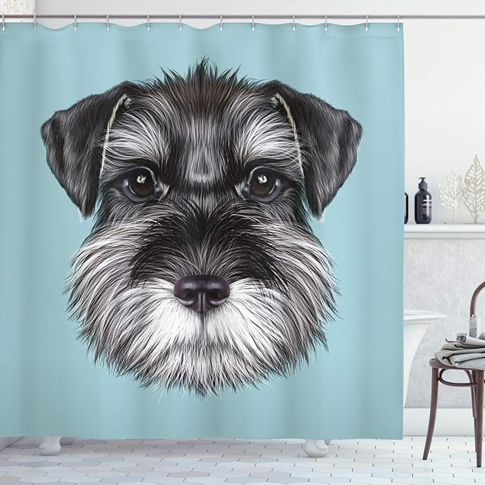 Ambesonne Animal Shower Curtain, Illustration of a Schnauzer on Blue Background Puppy Portrait, Cloth Fabric Bathroom Decor Set with Hooks, 69" W x 75" L, Pale Blue White Black