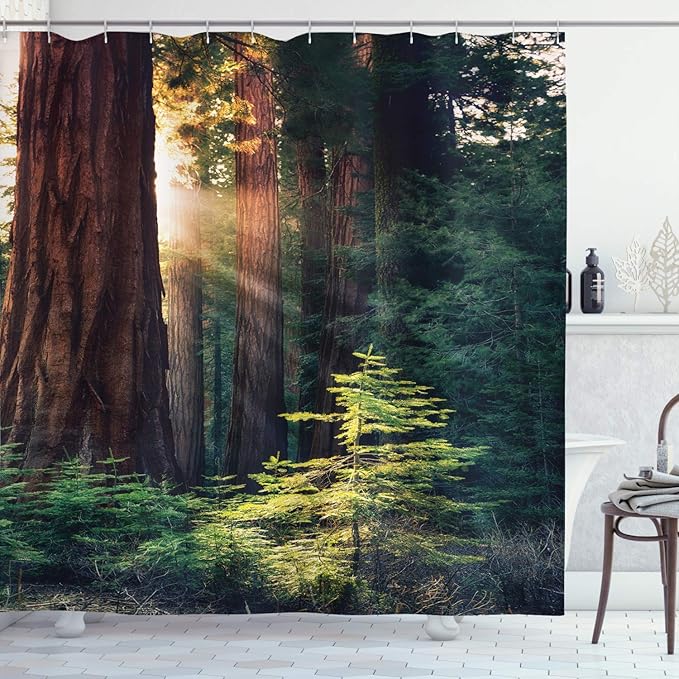 Ambesonne National Parks Shower Curtain, Morning Sunlight in Wilderness Yosemite Sierra Nevada United States Nature, Cloth Fabric Bathroom Decor Set with Hooks, 69" W x 75" L, Green Dark Brown