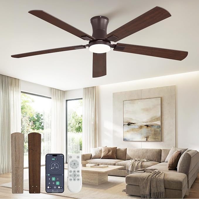 Fanbulous 60 inch Ceiling Fan with Light, Low Profile Ceiling Fan with Light, App&Remote Control, Dimmable LED Light, Flush Mount Ceiling Fan for Indoor Bedroom Living Room, Qiuet DC Motor