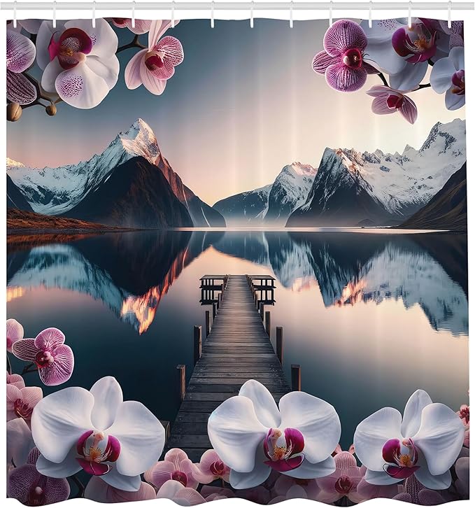 Ambesonne Lake Shower Curtain, Spring Time Orchid Flower Branches Snowy Mountains Pier Peaceful Water, Cloth Fabric Bathroom Decor Set with Hooks, 69" W x 70" L, Pale Purple Petrol Blue