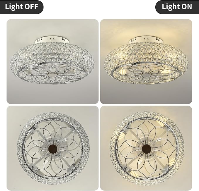 Caged Crystal Ceiling Fans with Lights and Remote,20" Flush Mount Low Profile Ceiling Fan with Light,6 Speed Enclosed Ceiling Fan with Reversible Motor for Bedroom Kitchen Living Room