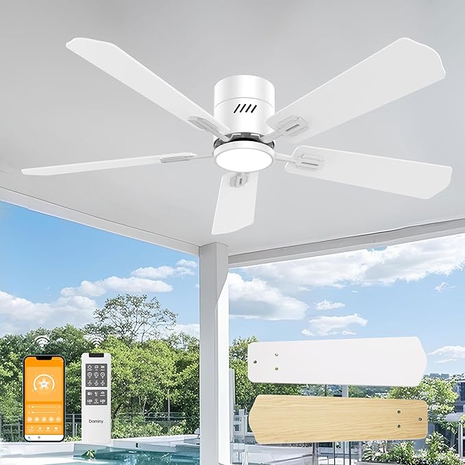 DAMINY 52 inch 5 Blades White Ceiling Fans with Lights,Flush Mount,6CCT, Low Profile Ceiling Fan with Light and Remote Control,DC Motor,Ceiling Fan for Bedroom, Kitchen,Living Room,Indoor/Outdoor Use