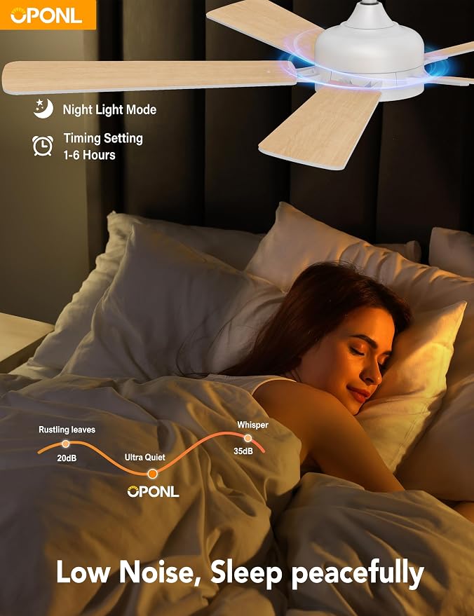OPONL Ceiling Fan with Light, Ceiling fan with Light and Remote Control, Reversible, 6CCT, Dimmable, Noiseless, Ceiling Fan for Bedroom, Indoor/Outdoor Use, White, 52 inch, Classic