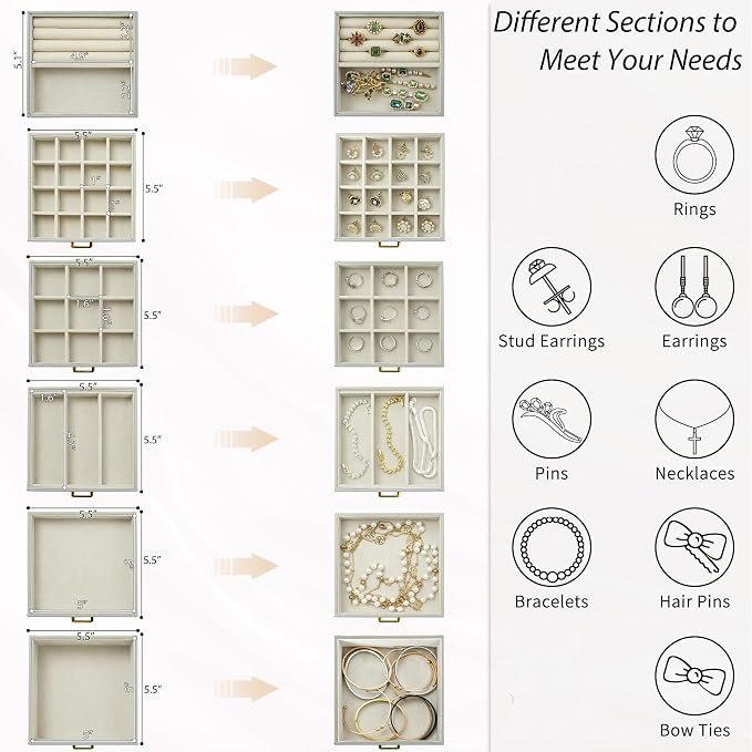 AKOZLIN 6-Tier Jewelry Box Organizer Functional 5 Drawers Leather Jewelry Storage Case for Women Girls Ring Necklace Earring Bracelet Holder Organizer with Mirror Grey Regular