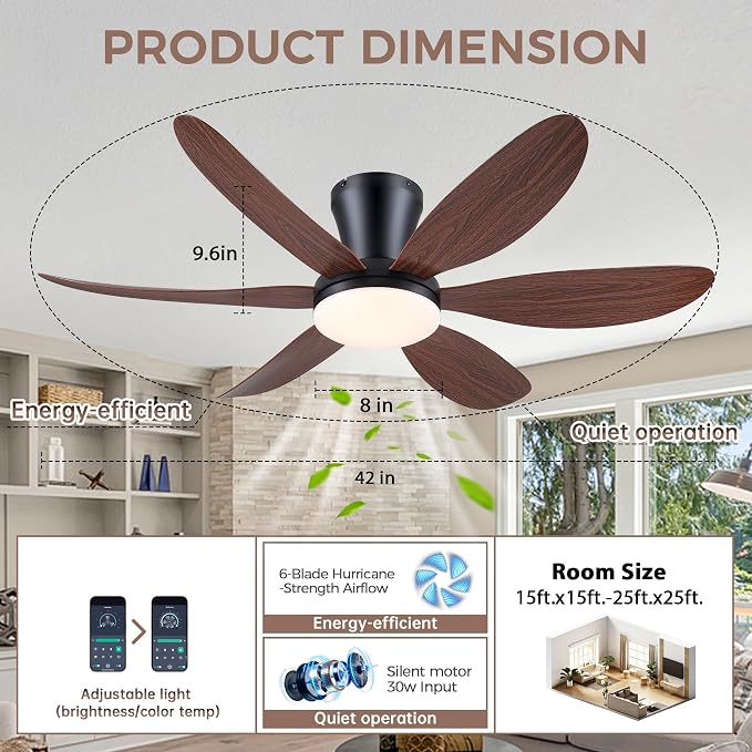 GJeg Ceiling Fans with Lights,42" Flush Mount Ceiling Fan with Light and Remote Control,Low Profile, Reversible, Dimmable, Noiseless, Brown Ceiling Fan for Bedroom