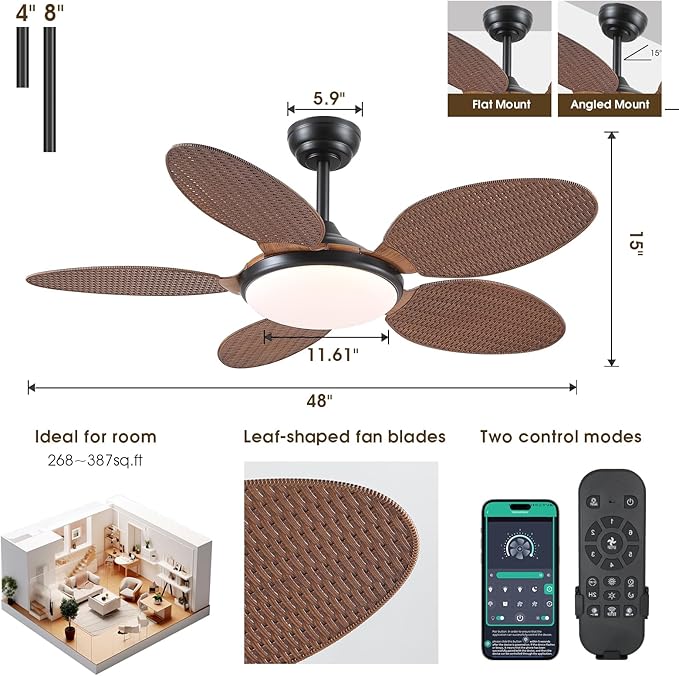 48" Brown Tropical Palm Leaf Ceiling Fans with LED Lights and Remote & APP | Supports Remote and APP, 6 Wind Speeds, Reversible, Dimmable 3CCT LED, 35W Quiet DC Motor,Suits for Bedroom Kitchen