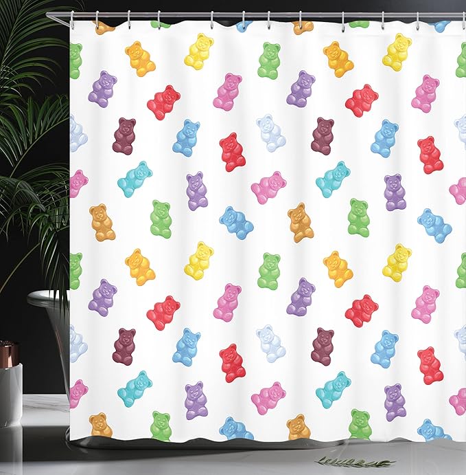 Ambesonne Sweets Shower Curtain, Colorful Gummy Bears Candy Yummy Jelly Playroom Theme, Cloth Fabric Bathroom Decor Set with Hooks, 69" W x 75" L, Pastel Yellow