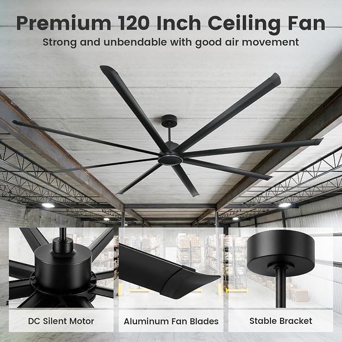 120 Inch HVLS Industrial Ceiling Fan, Large Ceiling Fan with Remote Control, High Airflow Commercial Fan for Garage Gym Shop Warehouse, Quiet DC Motor, 6 Speeds, 8 Aluminum Blades