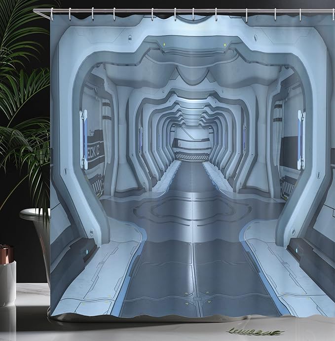 Ambesonne Outer Space Shower Curtain, Inside of Space Station Control Room Passage Communication Technology Base, Cloth Fabric Bathroom Decor Set with Hooks, 69" W x 70" L, White Grey