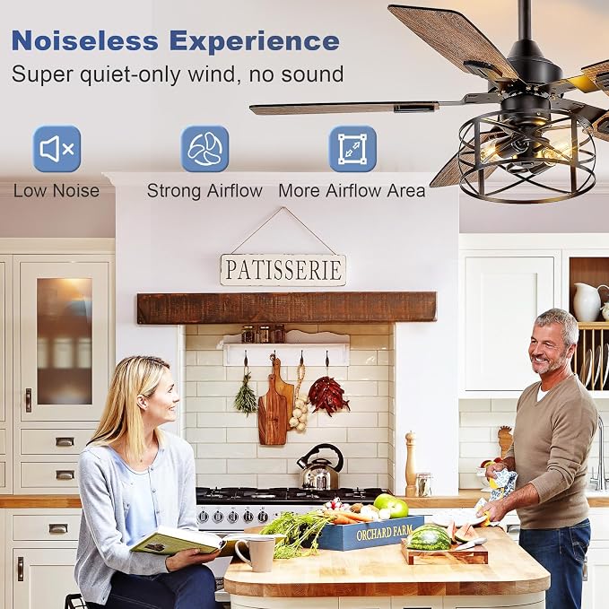 Depuley 42-Inch Ceiling Fans with Lights: Caged Ceiling Fans Dual Finish 5 Blades - Rustic Ceiling Fan with Remote Control for Farmhouse Living Room Outdoor Porch Noiseless (Black Walnut)