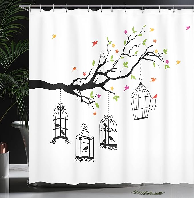 Ambesonne Birds Shower Curtain, Floral Colorful Tree Branch with Birds and Open Cages Freedom Theme Spring Liberty, Cloth Fabric Bathroom Decor Set with Hooks, 69" W x 75" L, Apple Green