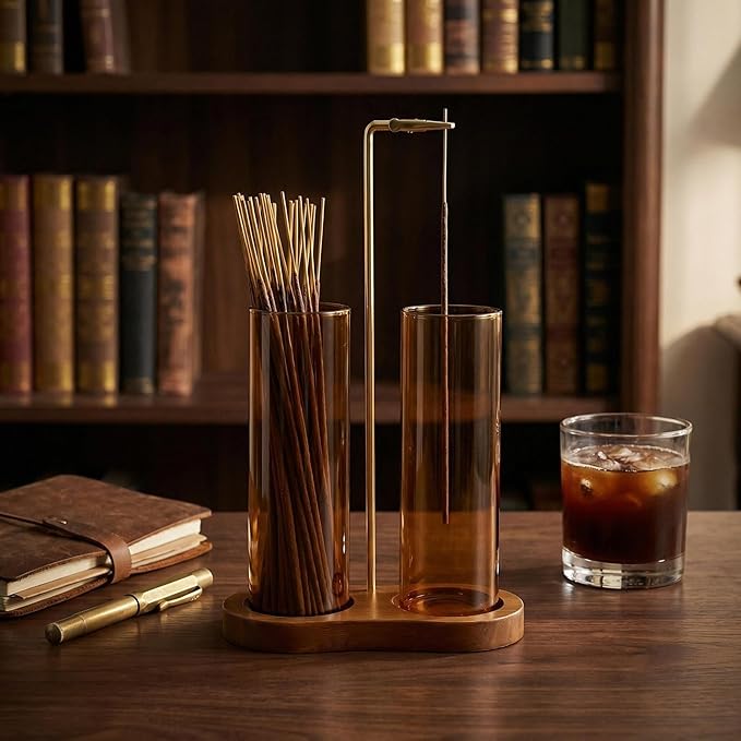 Amber Glass Incense Holder,Retro Incense Sticks Burner Holder with Storage,Hang Upside Down Incense Holder for Sticks with Glass Ash Catcher for Meditation Yoga Spa Room Decor (Amber)