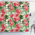 Ambesonne Floral Shower Curtain, Tropical Botanic Flowers Leaves Ivy Island Hawaiian Image, Cloth Fabric Bathroom Decor Set with Hooks, 69" W x 70" L, Green Jade