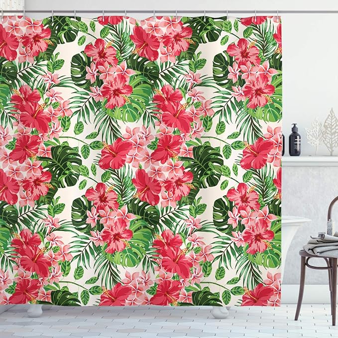 Ambesonne Floral Shower Curtain, Tropical Botanic Flowers Leaves Ivy Island Hawaiian Image, Cloth Fabric Bathroom Decor Set with Hooks, 69" W x 70" L, Green Jade